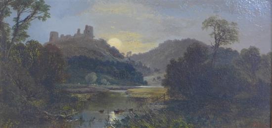 Alfred Gobert (1822-1884) Moonlit landscape with ducks on a lake, 5.5 x 11.5in.